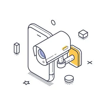 Isometric line art representation of a camera attached to a smartphone, symbo Ilustración de archivo