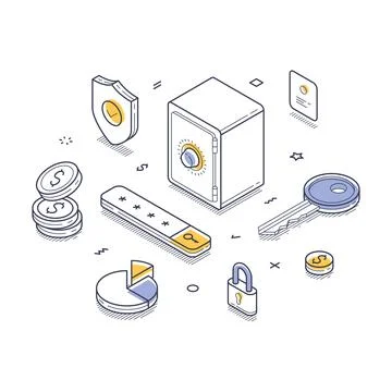 Isometric line art vector illustration depicting elements of security, fina.. Stock Illustration