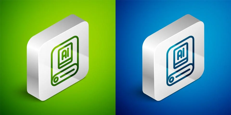 Isometric line Artificial intelligence AI icon isolated on green and blue Stock Illustration