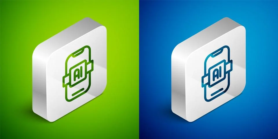 Isometric line Artificial intelligence AI icon isolated on green and blue b.. Stock Illustration