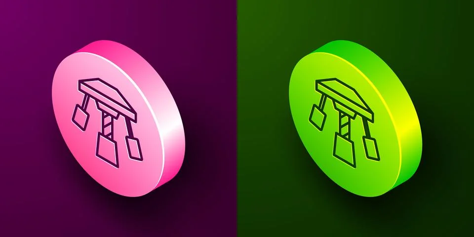 Isometric line Attraction carousel icon isolated on purple and green background Stock Illustration