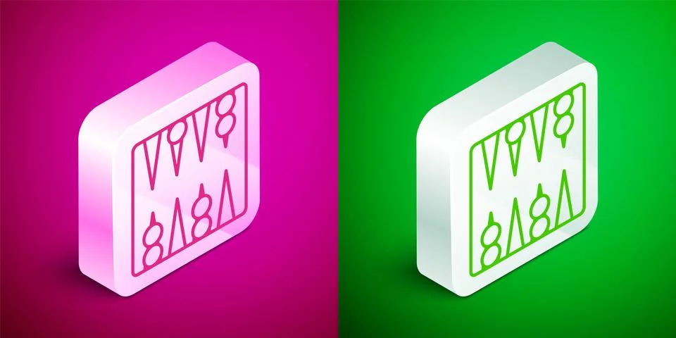 Isometric line Backgammon board icon isolated on pink and green background Stock Illustration