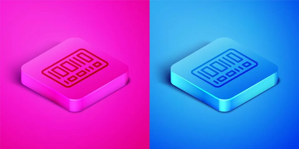 Isometric line Barcode icon isolated on pink and blue background. Square button Stock-Illustration