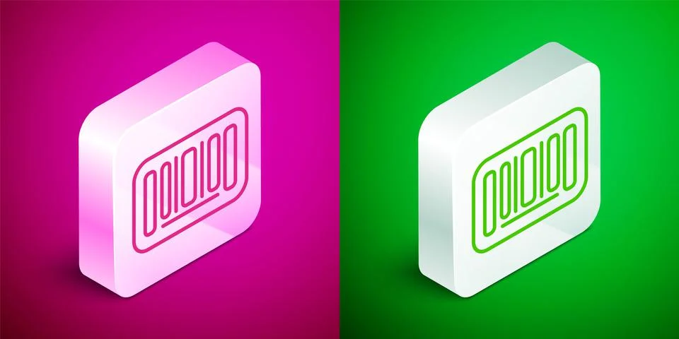 Isometric line Barcode icon isolated on pink and green background. Silver square 스톡 일러스트