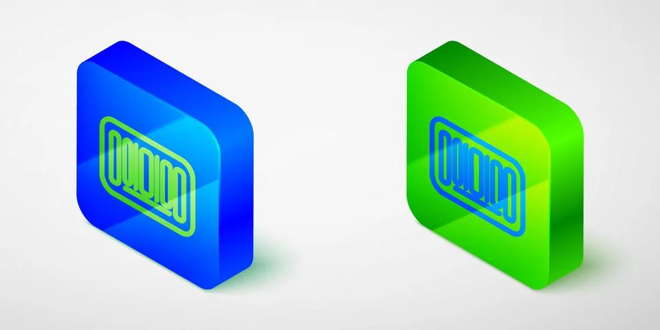 Isometric line Barcode icon isolated on grey background. Blue and green square Stock Illustration