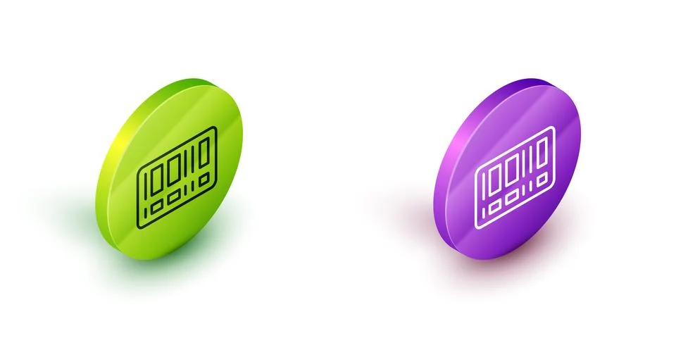Isometric line Barcode icon isolated on white background. Green and purple Illustrazione stock
