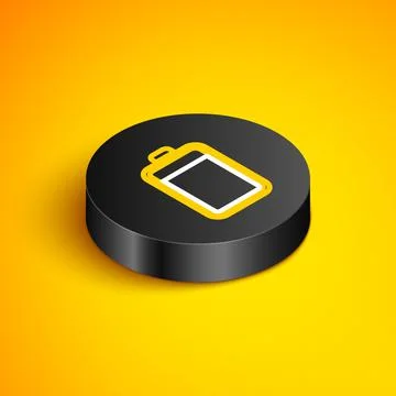 Isometric line Battery icon isolated on yellow background. Black circle button Stock Illustration