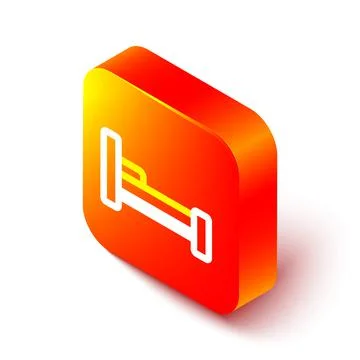 Isometric line Bed icon isolated on white background. Orange square button Stock Illustration
