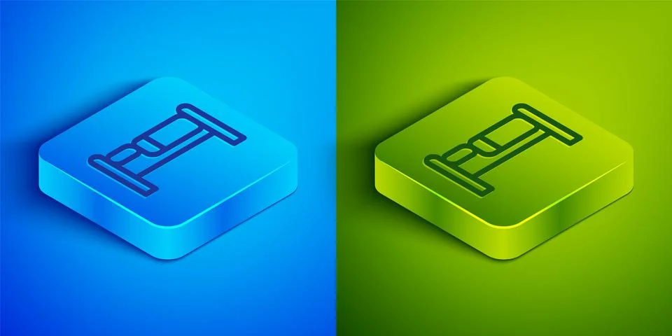 Isometric line Bed icon isolated on blue and green background. Square button. Stock Illustration