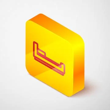 Isometric line Bed icon isolated on grey background. Yellow square button. Ve Stock Illustration