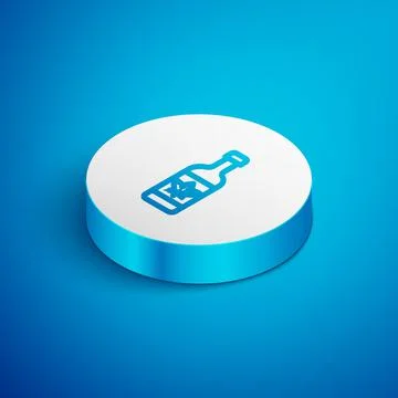 Isometric line Beer bottle icon isolated on blue background. White circle button Illustrazione stock