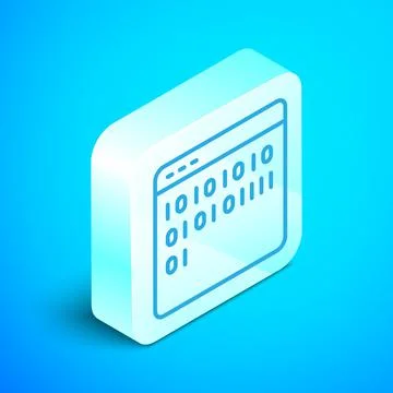 Isometric line Binary code icon isolated on blue background. Silver square Stock Illustration