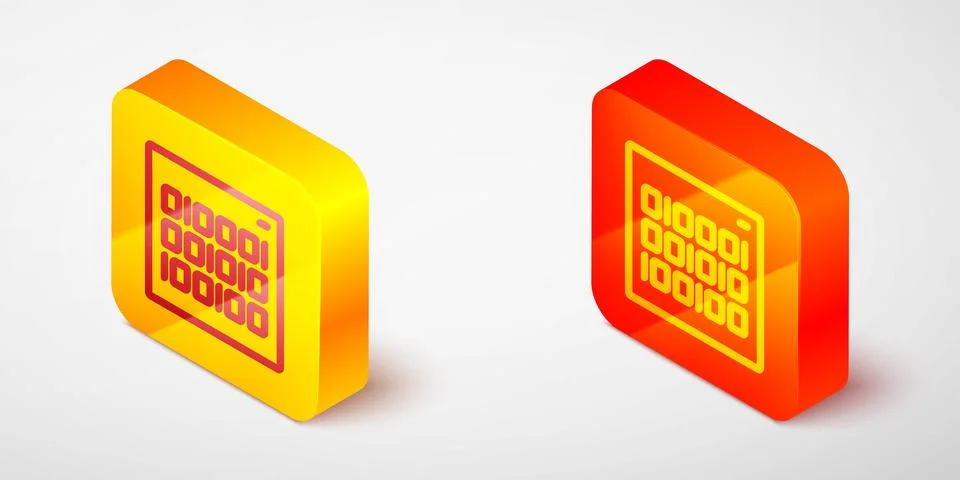 Isometric line Binary code icon isolated on grey background. Yellow and orange 스톡 일러스트