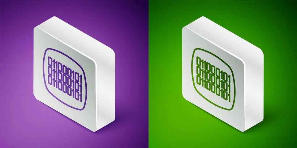 Isometric line Binary code icon isolated on purple and green background. Silver Stock Illustration