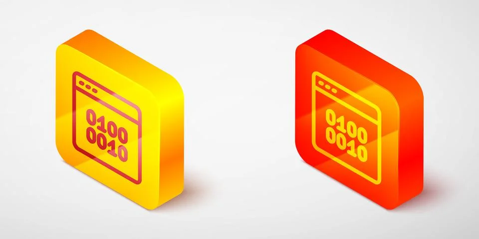 Isometric line Binary code icon isolated on grey background. Yellow and orange 스톡 일러스트