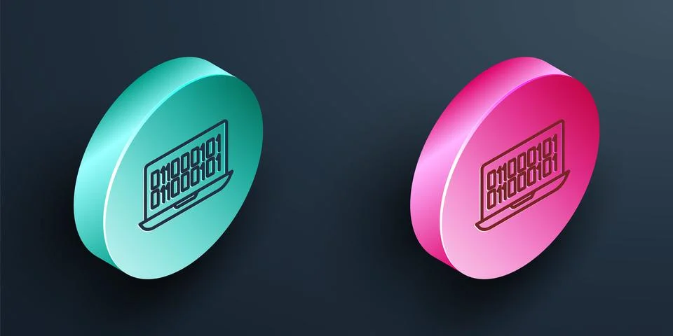 Isometric line Binary code icon isolated on black background. Turquoise and pink 스톡 일러스트
