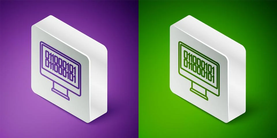Isometric line Binary code icon isolated on purple and green background. Silv Stock Illustration