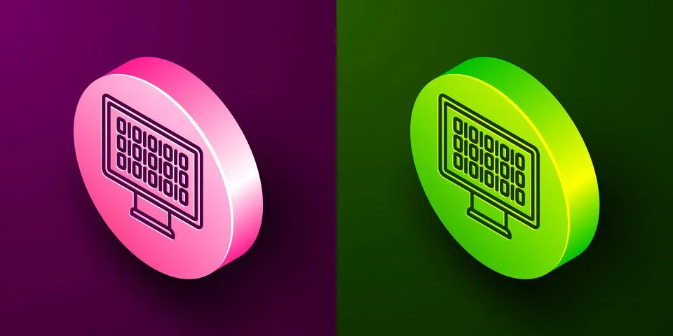 Isometric line Binary code icon isolated on purple and green background. Circ Stock Illustration
