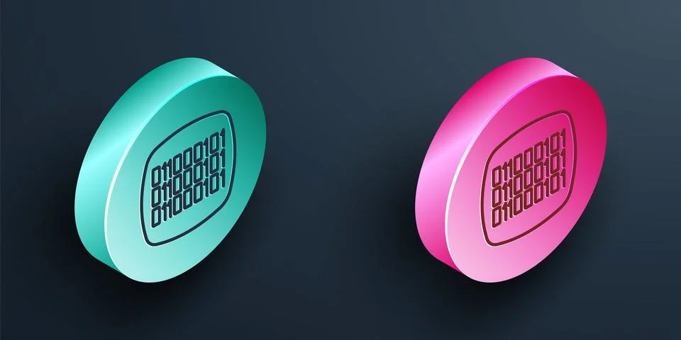 Isometric line Binary code icon isolated on black background. Turquoise and.. Stock Illustration