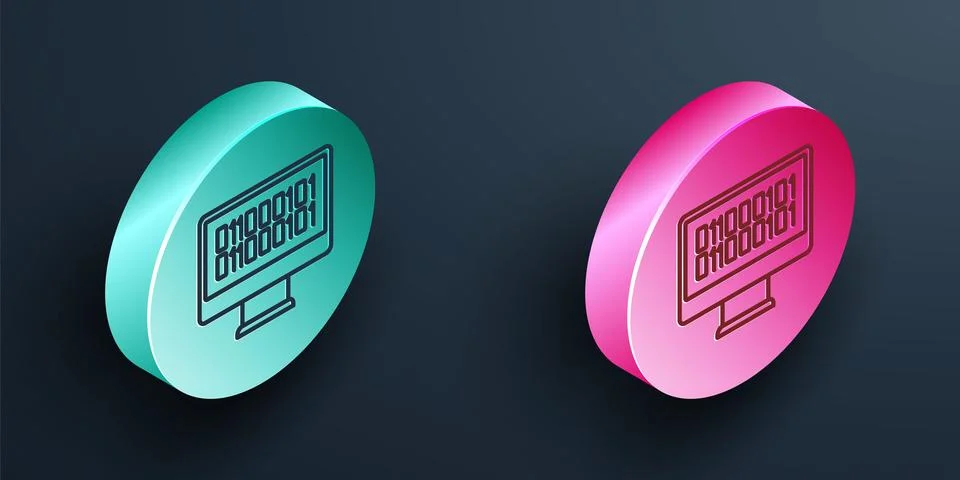 Isometric line Binary code icon isolated on black background. Turquoise and.. 스톡 일러스트