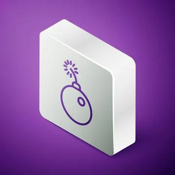 Isometric line Bomb ready to explode icon isolated on purple background. Silver Illustrazione stock
