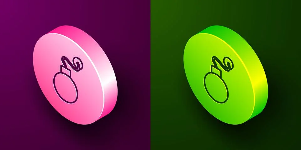 Isometric line Bomb ready to explode icon isolated on purple and green 스톡 일러스트
