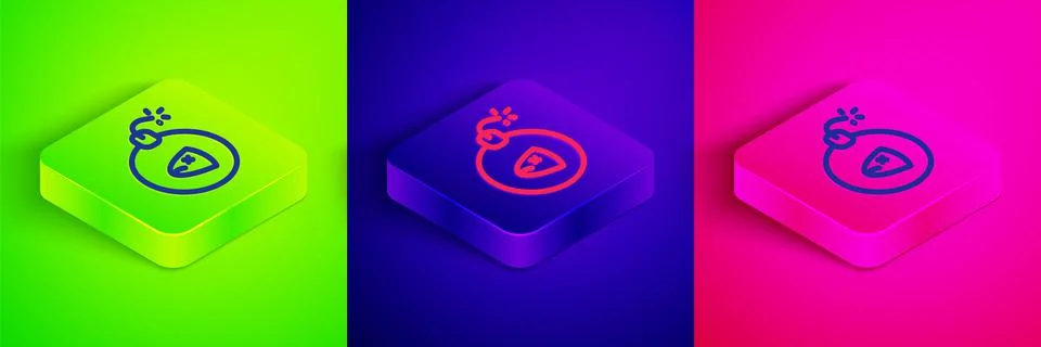 Isometric line Bomb ready to explode icon isolated on green, blue and pink 스톡 일러스트