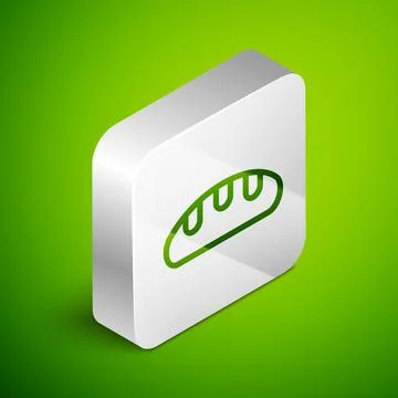 Isometric line Bread loaf icon isolated on green background. Silver square Stockillustratie