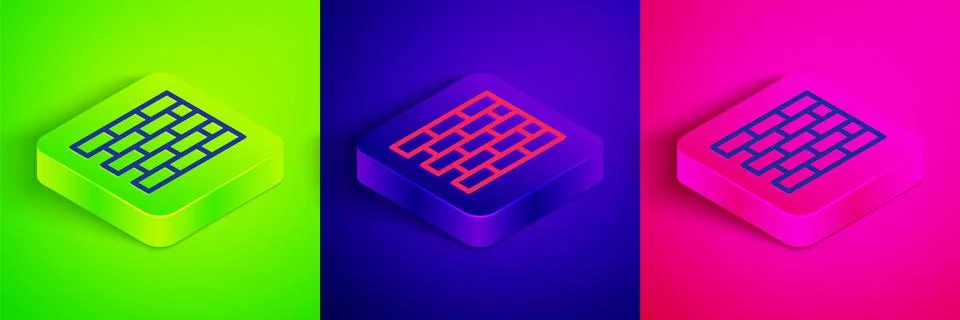 Isometric line Bricks icon isolated on green, blue and pink background. Square Stock Illustration