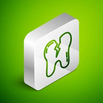 Isometric line Broken tooth icon isolated on green background. Dental problem Illustrazione stock