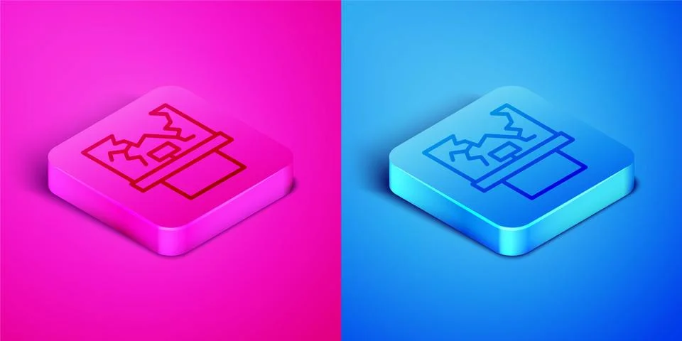 Isometric line Broken window icon isolated on pink and blue background. Damaged Ilustración de archivo
