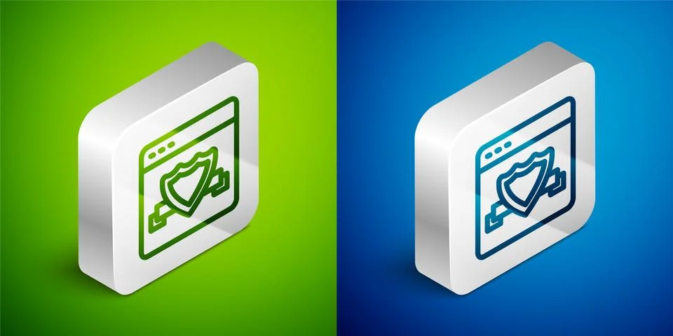 Isometric line Browser with shield icon isolated on green and blue background Stock Illustration