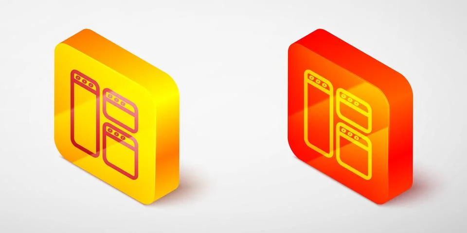 Isometric line Browser window icon isolated on grey background. Yellow and .. 库存插图