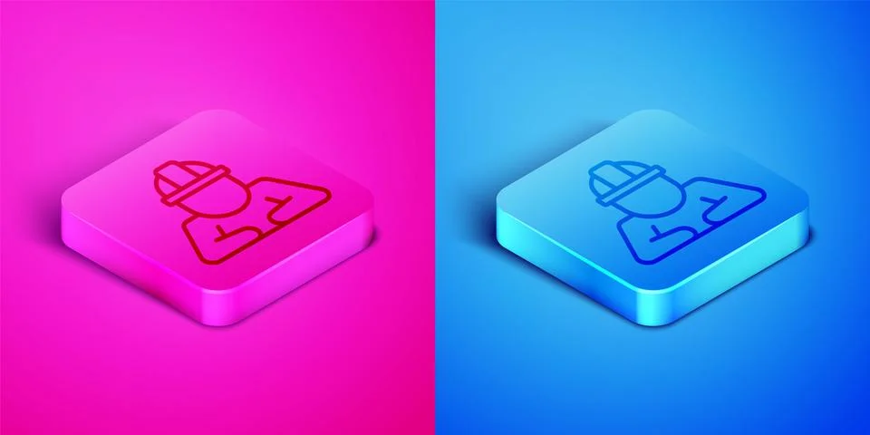 Isometric line Builder icon isolated on pink and blue background. Constructio Illustrazione stock