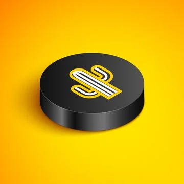 Isometric line Cactus icon isolated on yellow background. Black circle button Stock Illustration