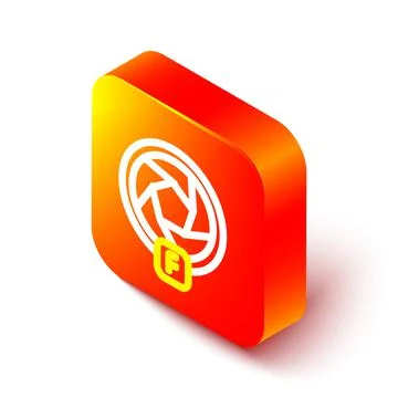 Isometric line Camera shutter icon isolated on white background. Orange square Illustrazione stock