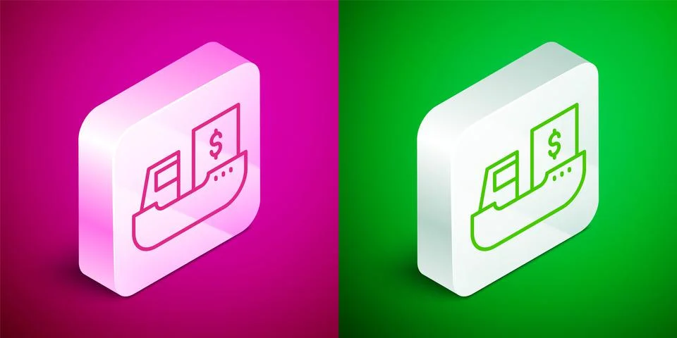 Isometric line Cargo ship with boxes delivery service icon isolated on pink and 库存插图