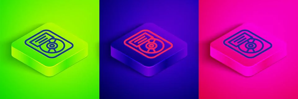 Isometric line CD disk award in frame icon isolated on green, blue and pink 스톡 일러스트