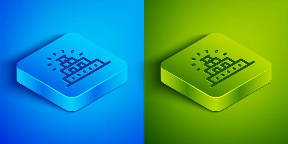 Isometric line Chichen Itza in Mayan icon isolated on blue and green backgr.. Ilustración de archivo