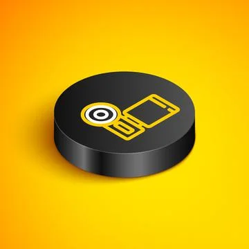 Isometric line Cinema camera icon isolated on yellow background. Video camera Stock Illustration