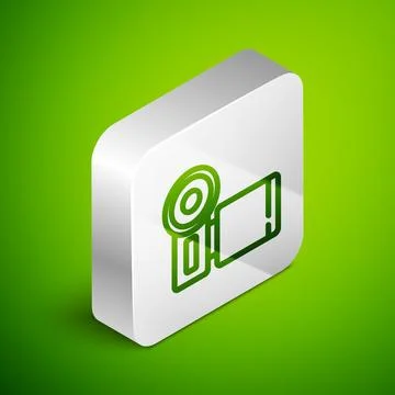 Isometric line Cinema camera icon isolated on green background. Video camera. Illustrazione stock