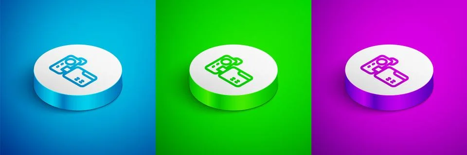 Isometric line Cinema camera icon isolated on blue, green and purple backgr.. イラスト素材