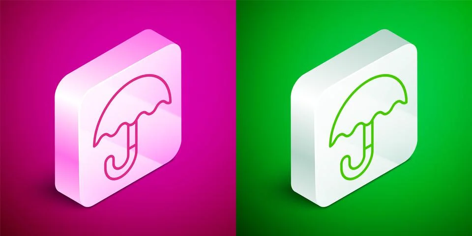 Isometric line Classic elegant opened umbrella icon isolated on pink and green Illustrazione stock