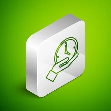 Isometric line Clock icon isolated on green background. Time symbol. Silver Illustrazione stock