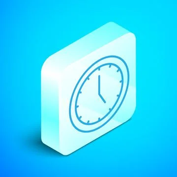 Isometric line Clock icon isolated on blue background. Time symbol. Silver Stock Illustration