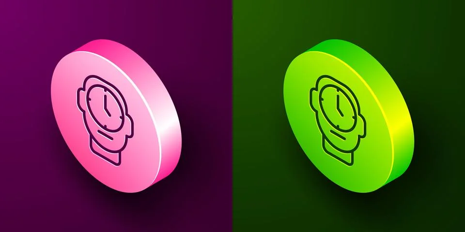 Isometric line Clock icon isolated on purple and green background. Time symbo Illustrazione stock