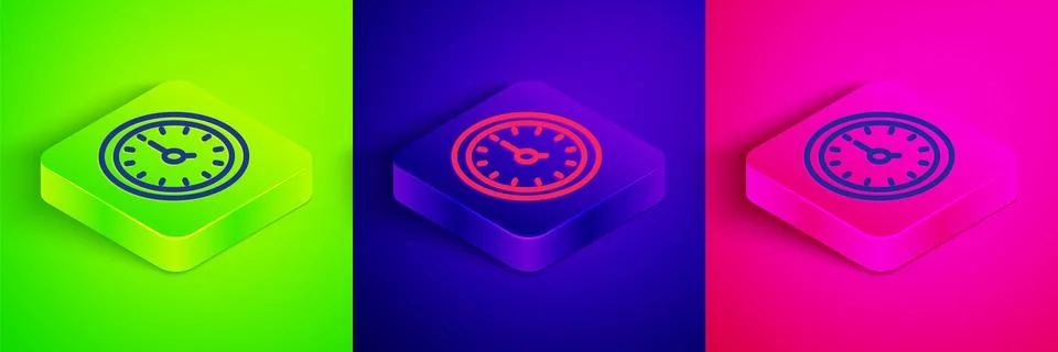 Isometric line Clock icon isolated on green, blue and pink background. Time Stock Illustration