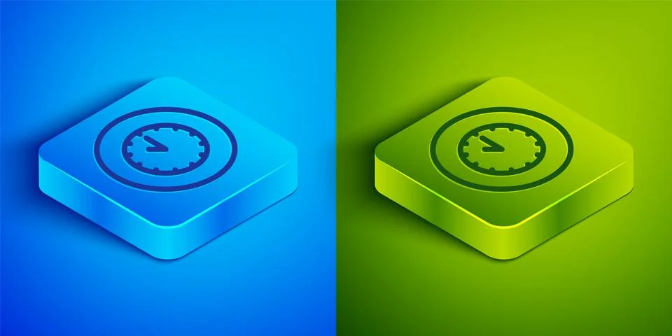 Isometric line Clock icon isolated on blue and green background. Time symbol Stock Illustration