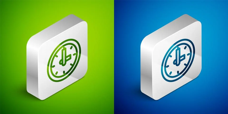 Isometric line Clock icon isolated on green and blue background. Time symbo.. 스톡 일러스트