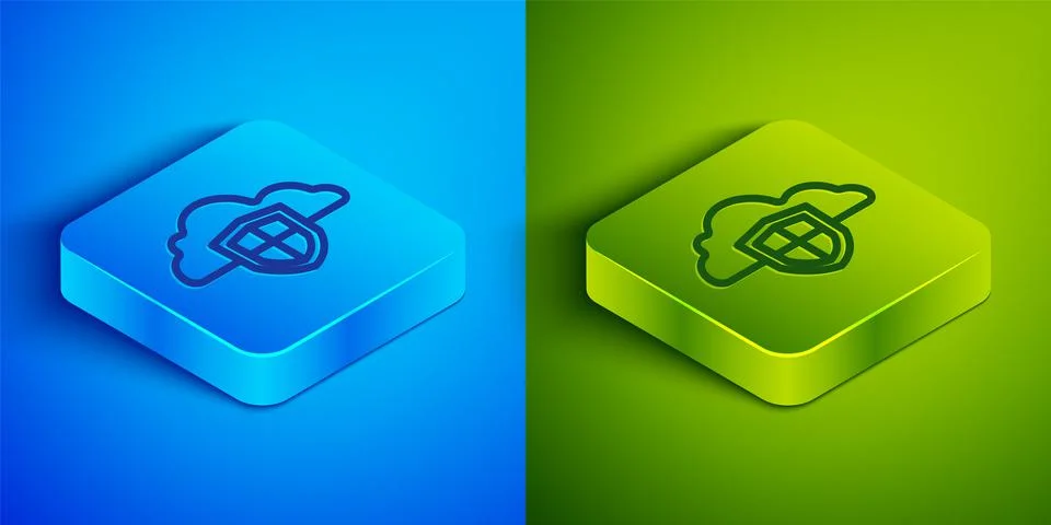 Isometric line Cloud and shield icon isolated on blue and green background Stock Illustration